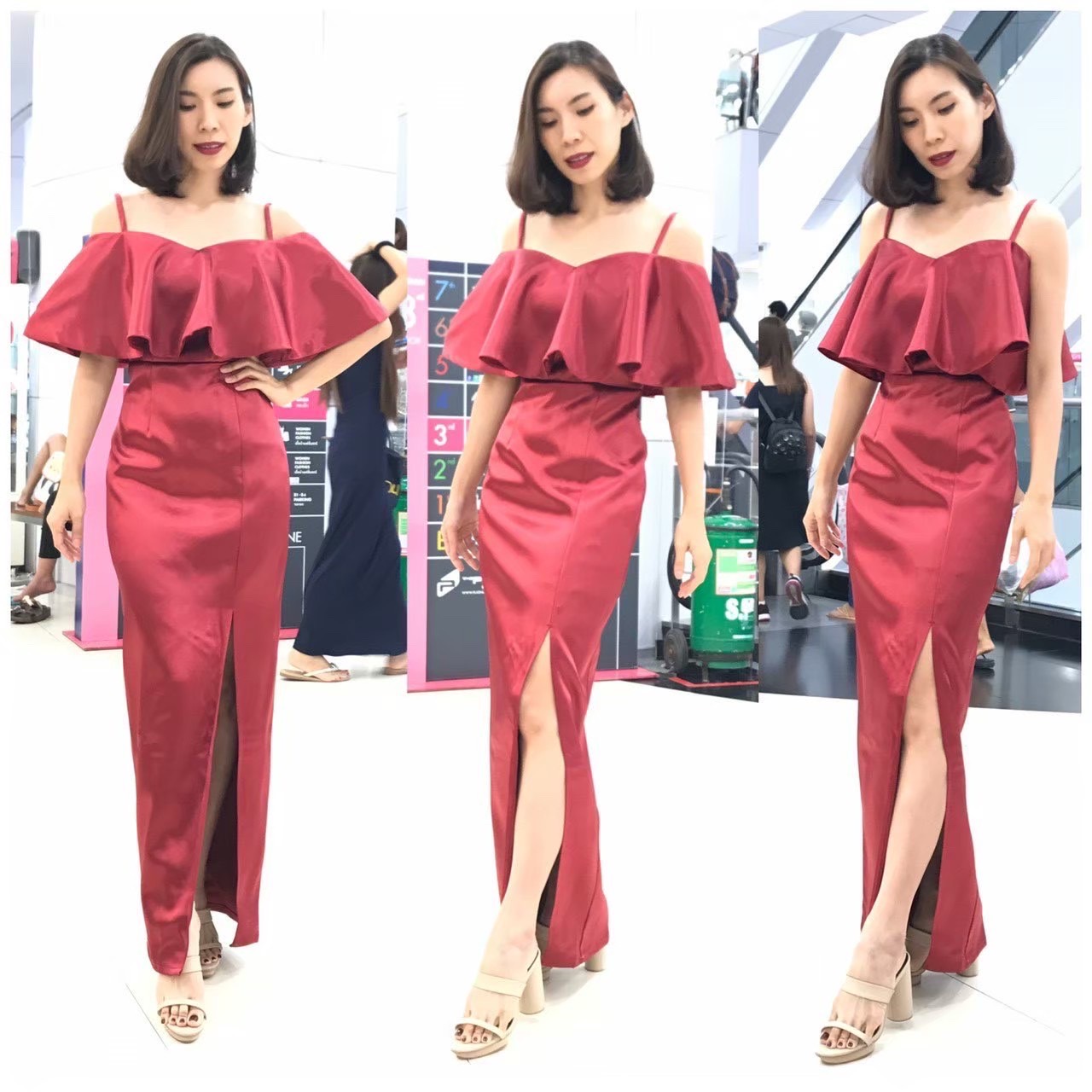 kudapy เดรสยาวออกงาน สายเดี่ยว เปิดบ่าระบาย พรางอก จะสาวอกเล็กหรืออกใหญ่ใส่สวย กระโปรงผ่าหน้า เนื้อผ้าดัขเชสอัดกาว สวยเงา วาวอยู่ทรง