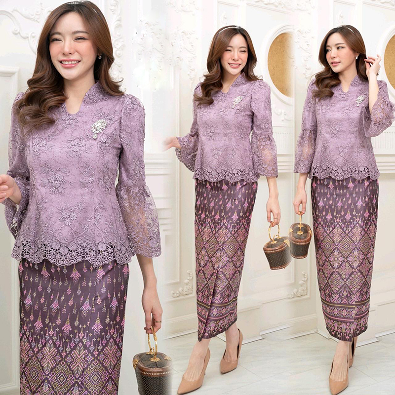 kudapy เซ็ทเสื้อเนื้อผ้าลูกไม้ฝรั่งเศสสุดละมุนสีม่วง สั่งทอแบบพิเศษ มาพร้อมกับผ้าถุง ผ้าไหมแพรวากาฬสินทร์สำเร็จรูปอัดกาวอย่างดี