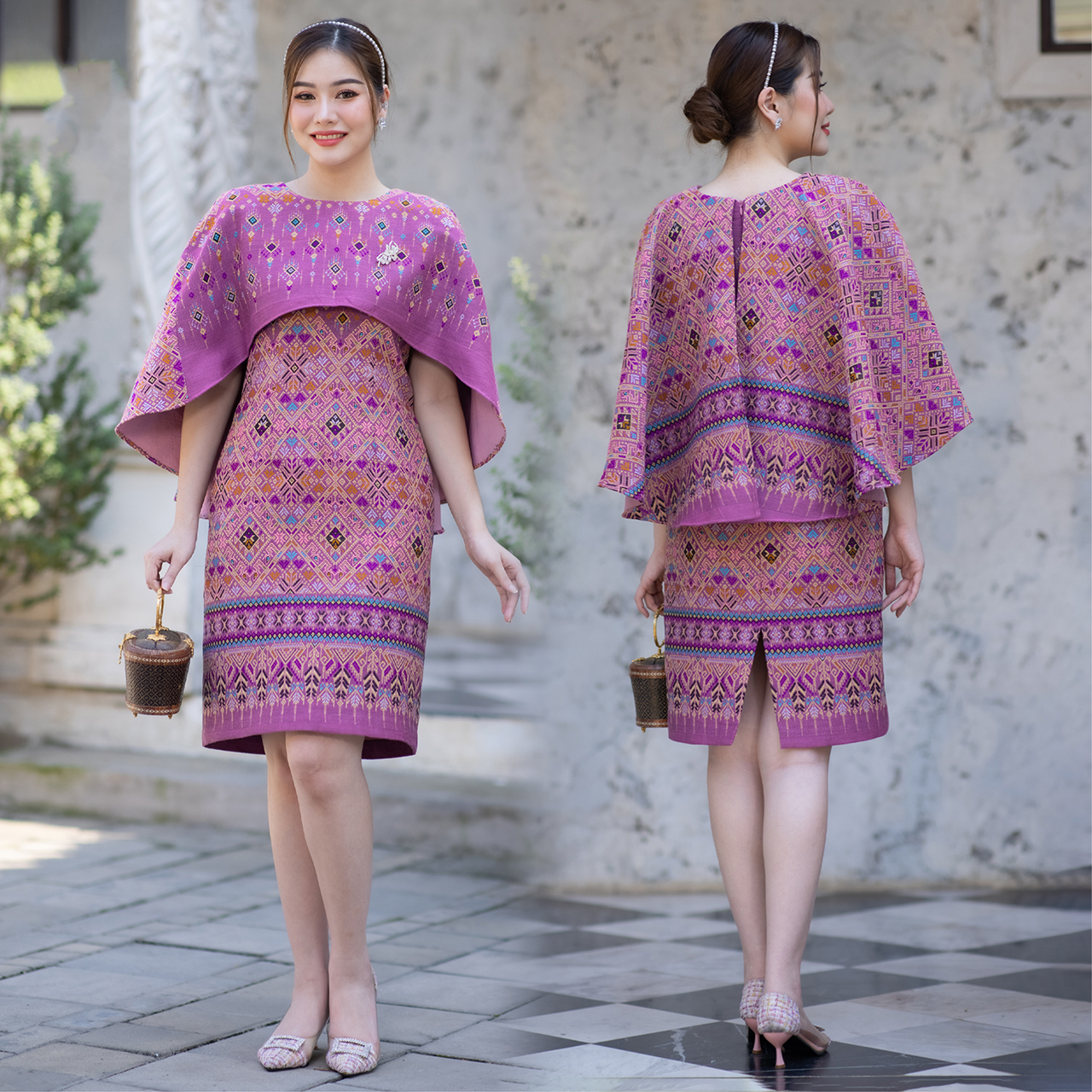 kudapy เดรสสั้นสีแดง/สีม่วง/สีม่วงอมเทา ชุดเมขลา" งานผ้าไหมทอสุดหรูลายแพรวา ทรงปีกผีเสื้อ สวยงาม ดูสง่า