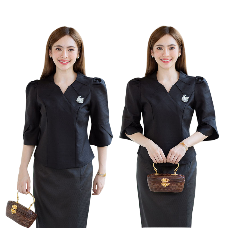 kudapy เสื้อออกงานสีขาว/สีม่วง/สีน้ำตาลอ่อน/สีดำ งานผ้าไหมฝรั่งเศสสีพื้น อัดกาวให้ทั้งตัว ทรงสวยตามแบบ การตัดเย็บเนียบ ทรงสวย ใส่สวยทุกรูปร่าง