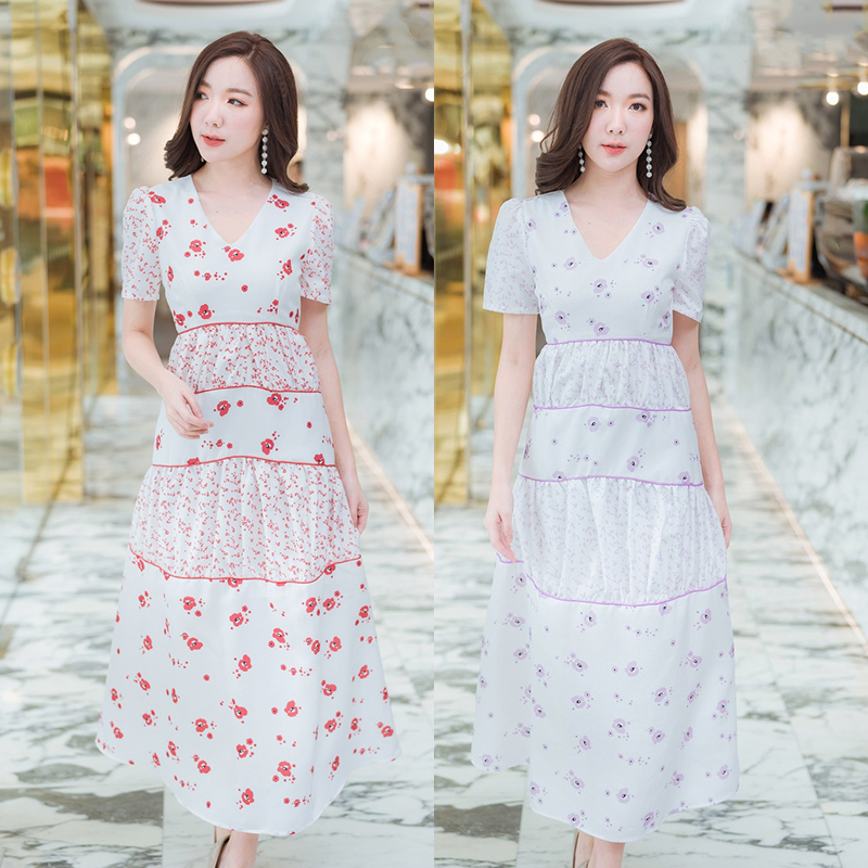 kudapy เดรสยาวสีแดง/สีม่วง กระโปรงพลิ้วลายดอกลายดอกแขนสั้นคอวีสวยดูดี