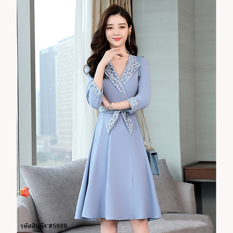 kudapy เดรสสั้นสีฟ้า/สีชมพู คอปก แขนยาว กระโปรงคลุมเข่า แนวเรียบร้อย สวยใส่ดูดี ใส่ทำงานได้