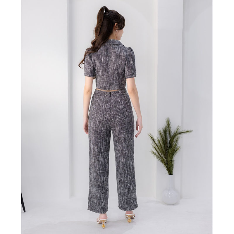 kudapy เซ็ทผ้าทวิตเสื้อปกสูท+กางเกงขายาวสีชมพู/สีดำ