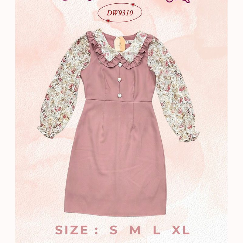 kudapy เดรสสั้นสีชมพู/สีดำ/สีฟ้า ผ้าพื้นแขนยาวลายดอกปัก