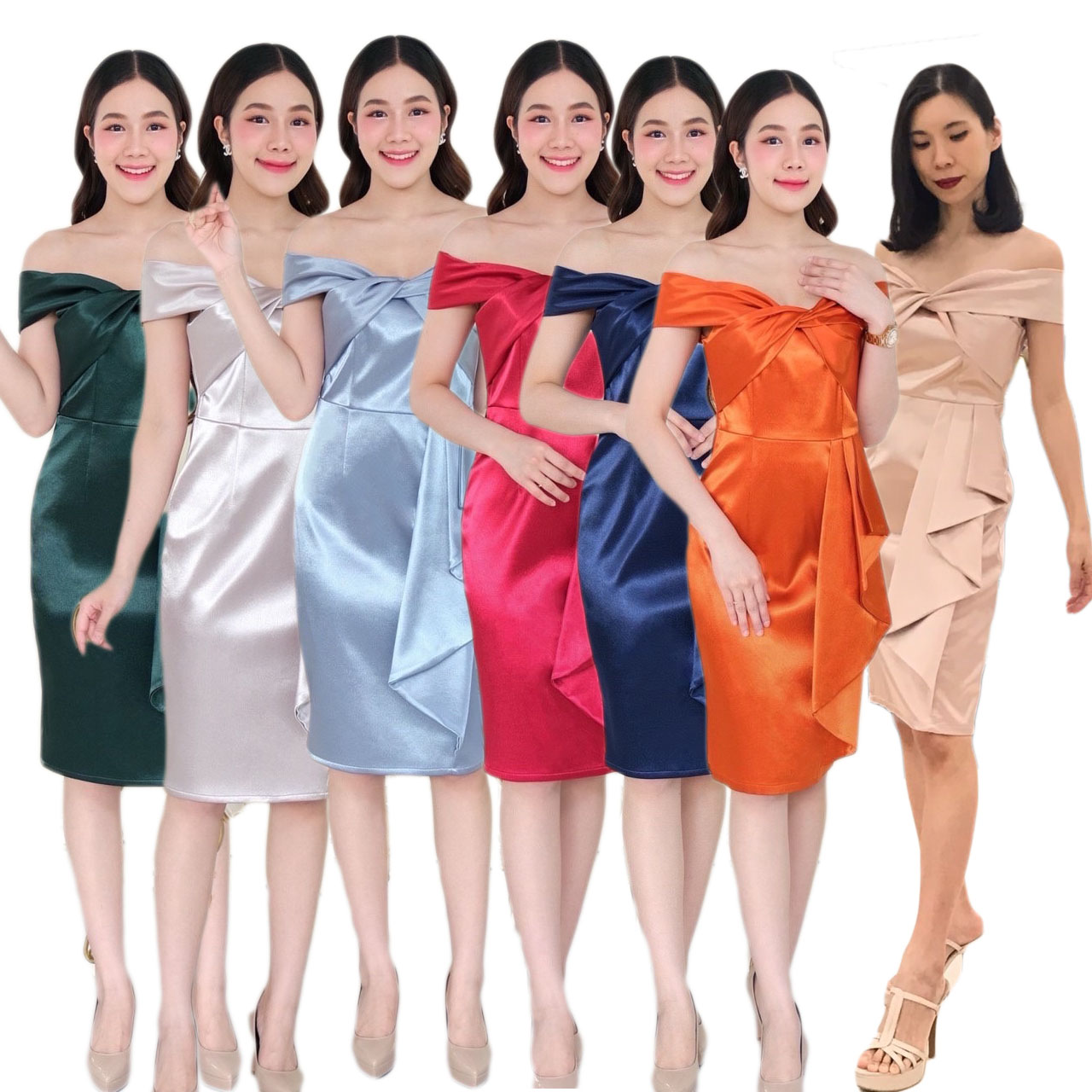 kudapy เดรสสั้นเปิดบ่าทวิชอก กระโปรงสอบ แต่งจีบสะโพก ซิปหลังใส่ง่าย เนื้อผ้าดัชเชสอัดกาว