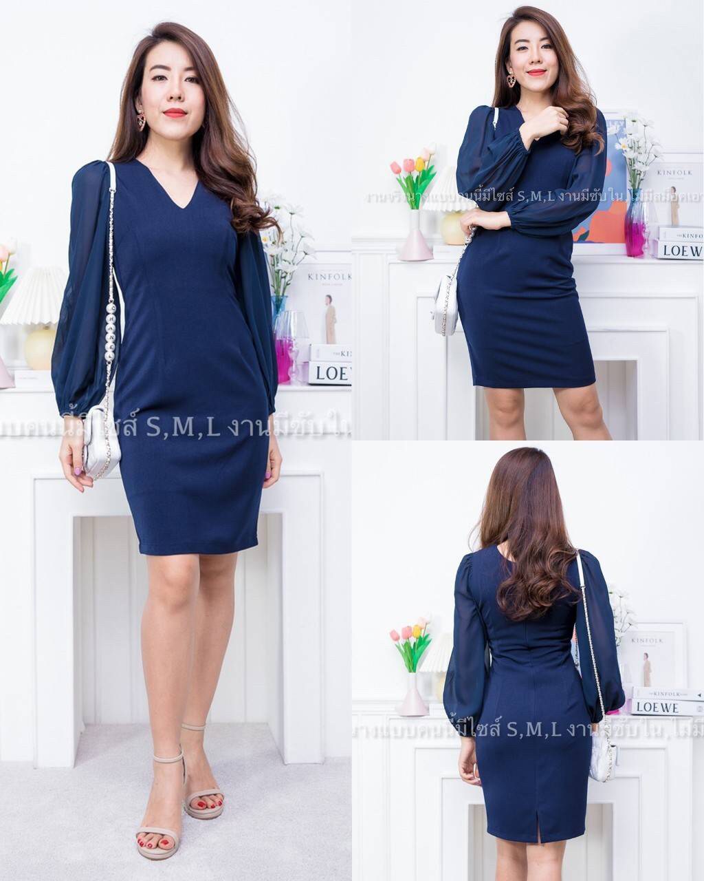 kudapy เดรสสั้นใส่ออกงาน คอวีแขนยาวชีฟอง ผ้าฮานาโกะ สีชมพู, กรมท่า, เขียวมิ้นท์, น้ำตาล ,แดงเลือดหมู