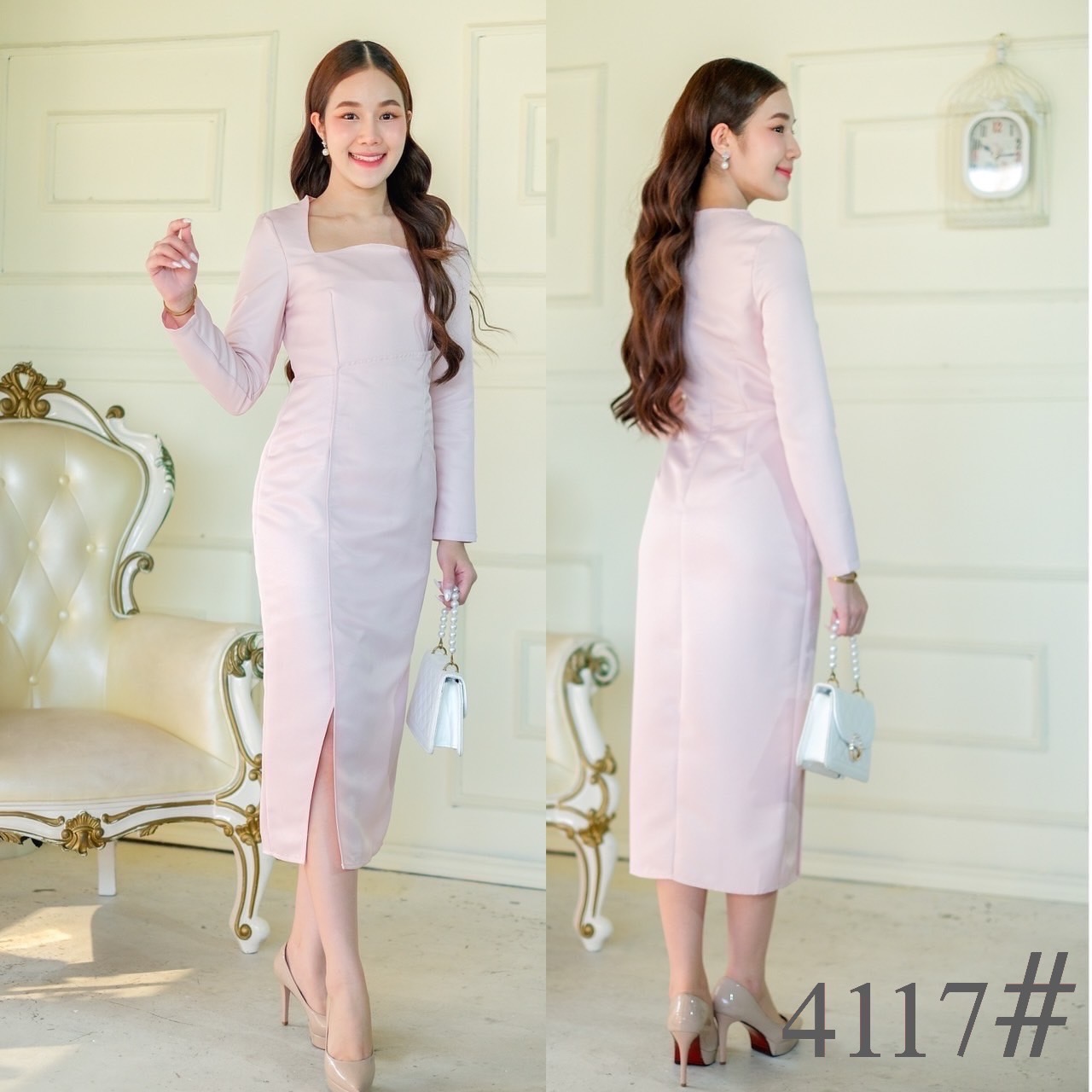 kudapy เดรสสั้นสีชมพู/สีทอง/สีกรม/สีส้ม คอเหลี่ยมแต่งอกโค้ง แขนยาว กระโปรงทรงสอบ ผ้าโพลีเอสเตอร์