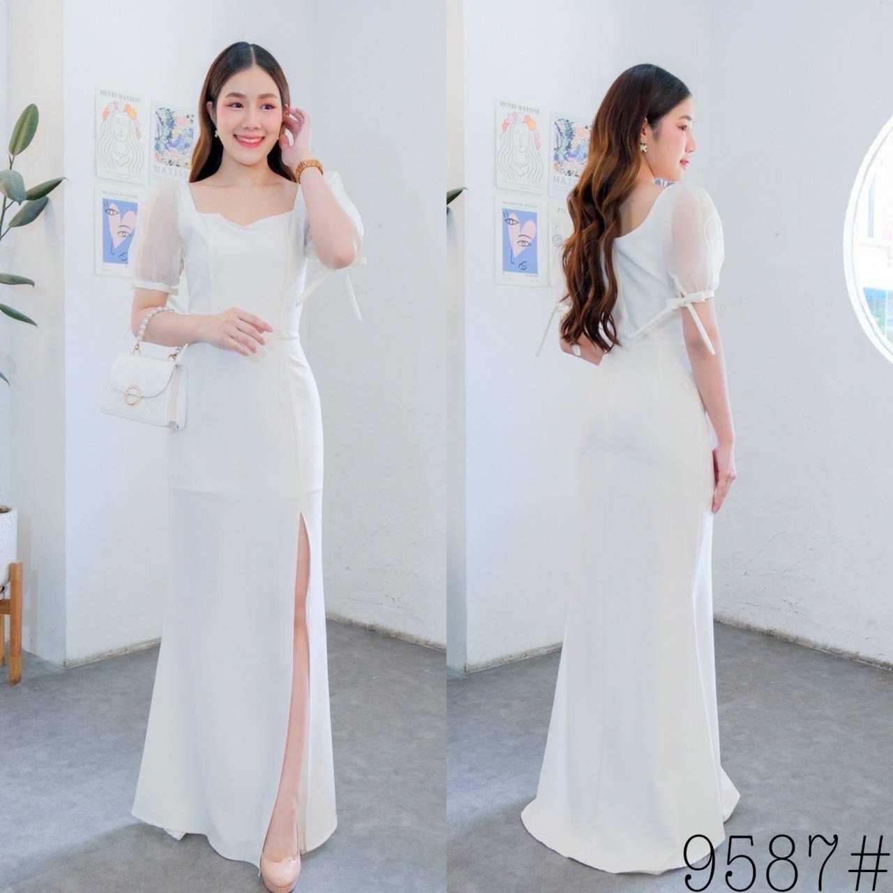 kudapy เดรสยาวออกงานสีครีมงาช้าง/เขียวพิตาชิโอ้/ชมพูอ่อน/ชมพูเข้ม/กรมท่า คอเหลี่ยม แขนตุ๊กตา ผูกโบว์ปรับขยายไซส์แขนได้ หรือ ดึงไหล่ลงแบบเปิดบ่า กระโปรงหางปลา