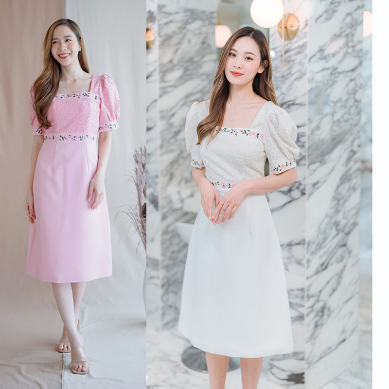 kudapy เดรสสั้นสี/ขาว/สีชมพู คอเหลี่ยม ทรงดินสอผ่าหลังลายดอกไม้