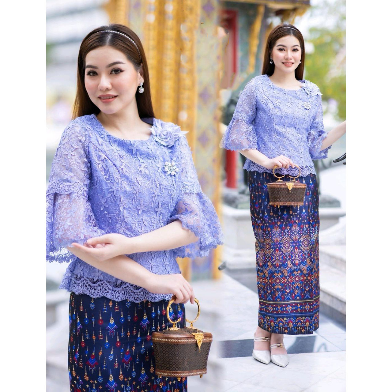 kudapy เซต 2 ชิ้น เสื้อผ้าลูกไม้สีม่วง +ผ้าถุงทอลาย ซับในเนื้อดีในตัว มีซิปหลังสวมใส่ง่าย