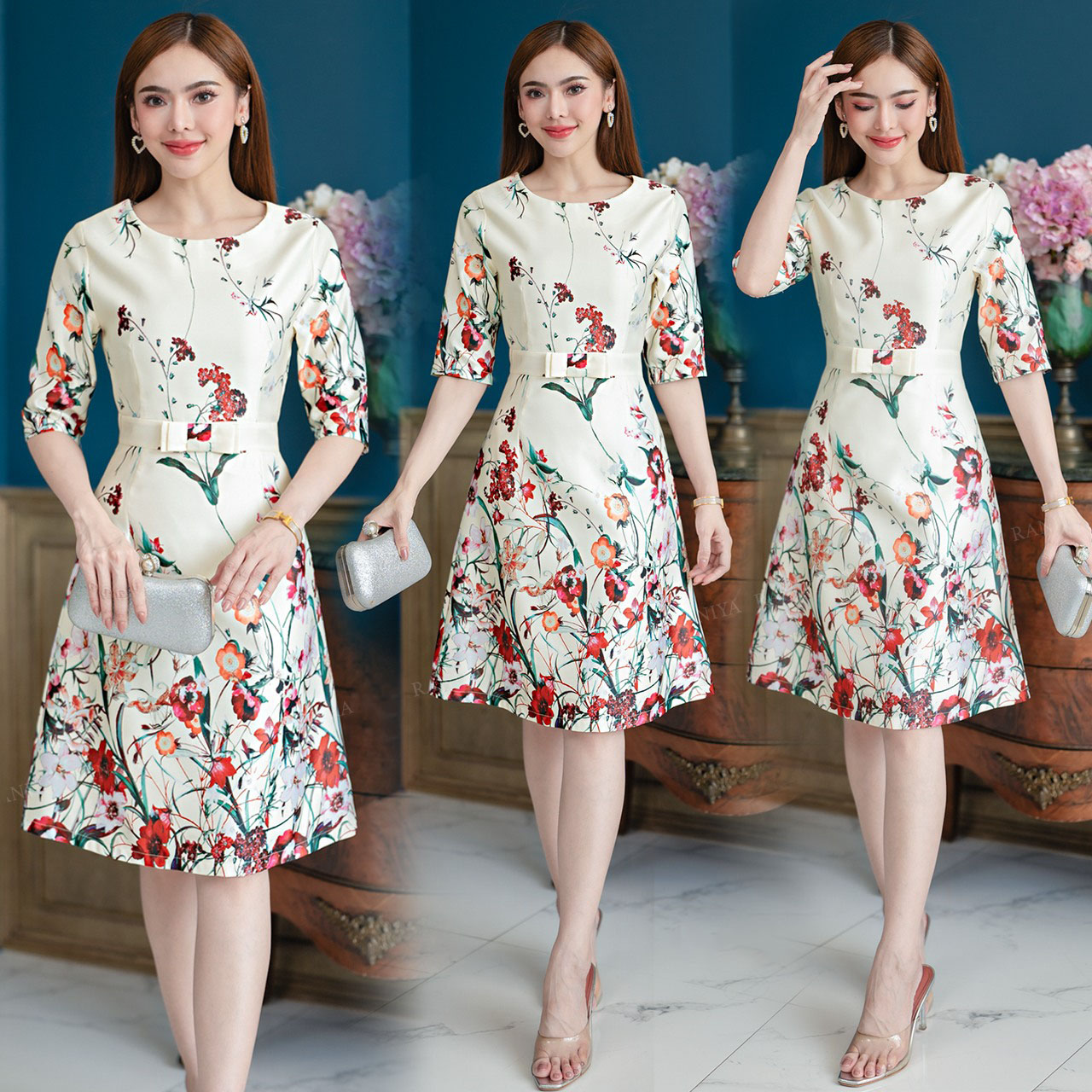 kudapy เดรสสั้นสีครีม/สีฟ้า ผ้าSatin silk งานพิมพ์ลายดอกไม้ แขนสามส่วน แต่งโบว์ที่เอวกระโปรงทรงเอ