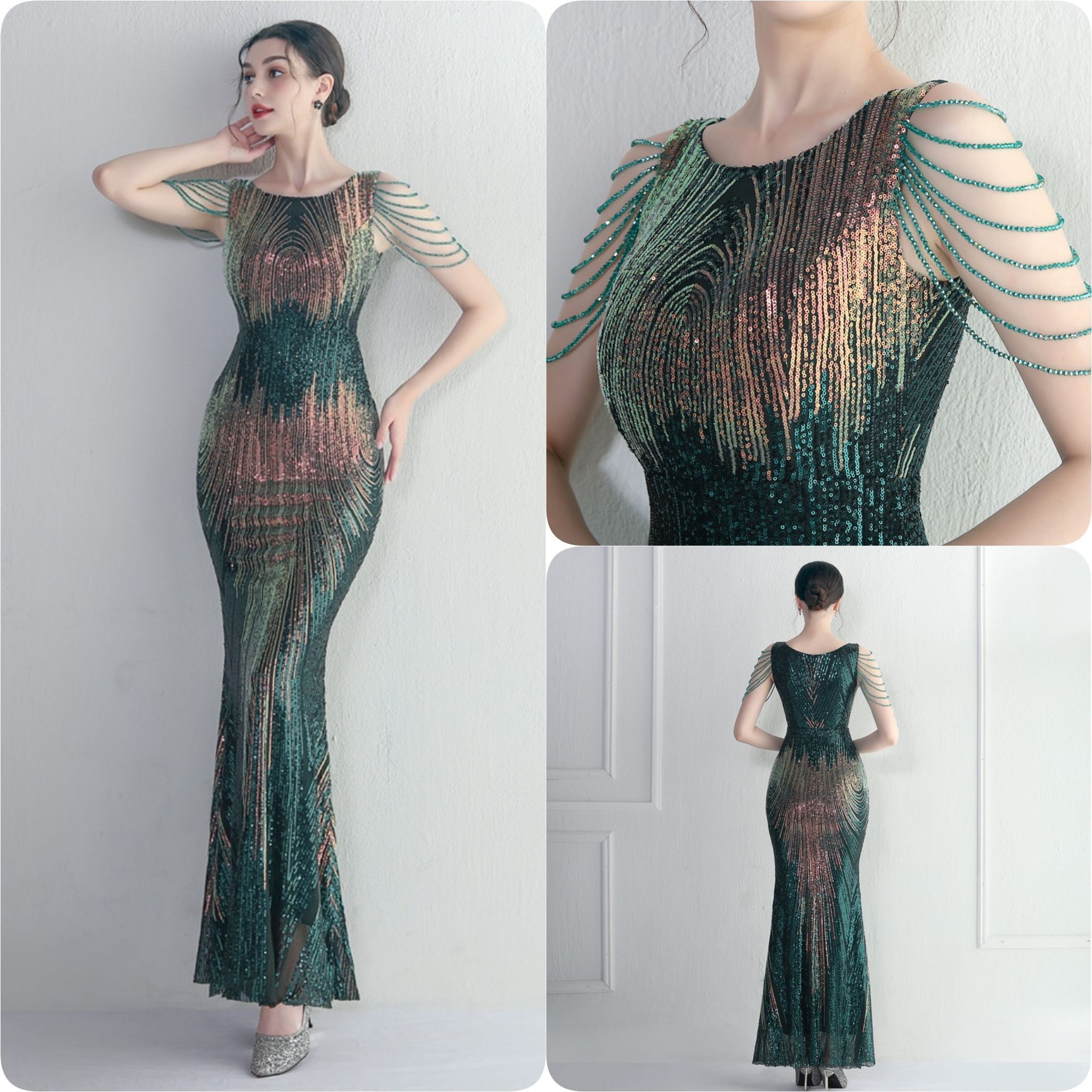 kudapy ชุดราตรียาวผ้ากริสเตอร์คอปาด แต่งลูกปัดที่ไหล่เพิ่มดีเทล สีดำ,โรสโกลด์,แดงไวน์,เขียว,สีน้ำเงิน,กรมท่า,ขาว ผ้าขยายได้ สวมเข้ารูป