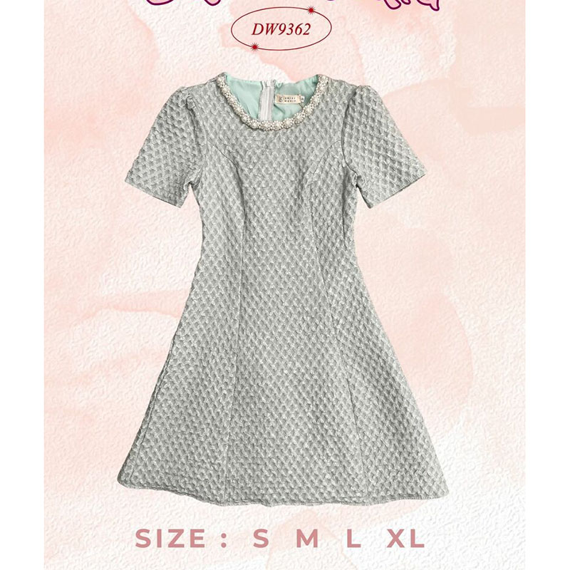 kudapy เดรสสั้นสีขาว/สีเขียว/สีชมพู คอมุกผ้าแจคกาด แขนสั้นใส่สบายตัว