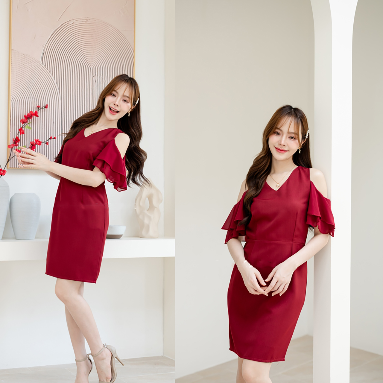 kudapy เดรสสั้นสีเขียว/สีแดงเลือดหมู/สีกรม/สีชมพู เว้าไหล่ ดีไซน์ลูกเล่นแขนเว้าเป็นผ้าชีฟองระบายเลเยอร์ 2 ชั้น ดูเป็นสาวหวานซ่อนเปรี้ยว กระโปรงทรงสอบ