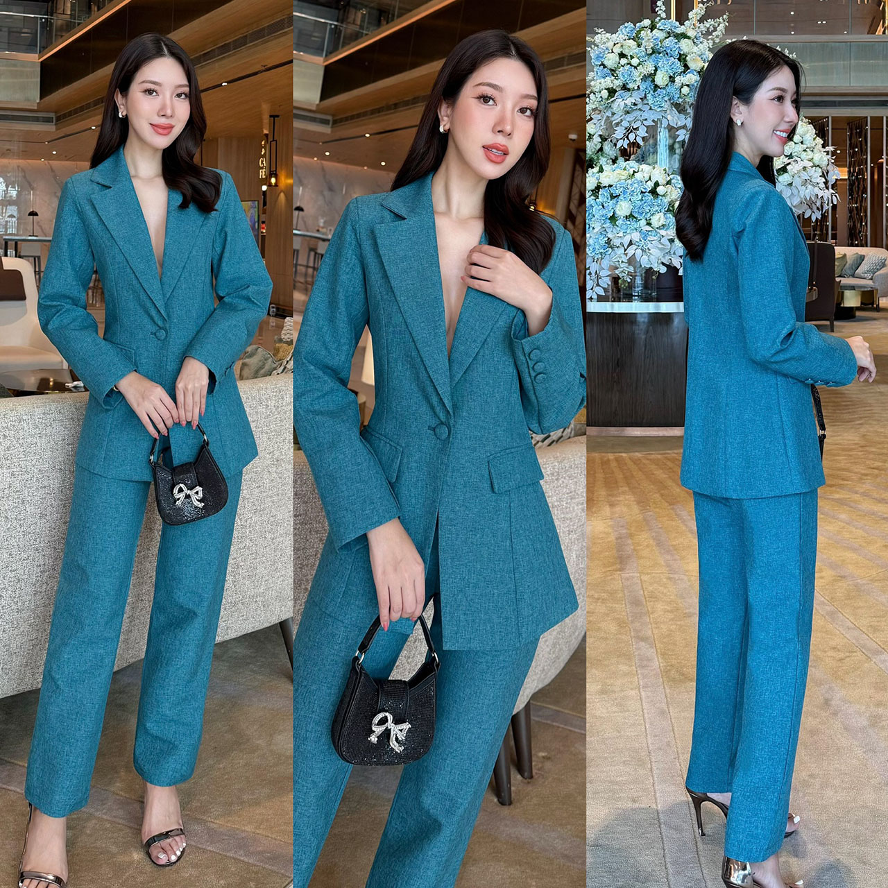 kudapy ชุดสูท สวยคลาสสิคแมทซ์ง่าย คล่องตัว เสื้อสูทมีซับในอย่างดี แต่งกระดุมปั้มผ้าเดียวกับสีชุด มาคู่กับกางเกงขายาวทรงกระบอกเล็กใส่สบาย