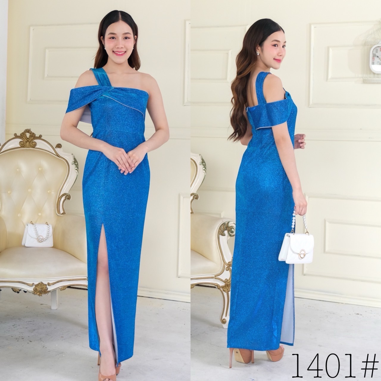 kudapy เดรสยาวสีชมพู/สีเงิน/สีทอง/สีดำ/สีม่วงแดง/สีน้ำเงิน ไหล่เดี่ยว แต่งดีเทลแถบผ้ารัดแขนด้านขวา ทรงเข้ารูป ผ้าหน้า