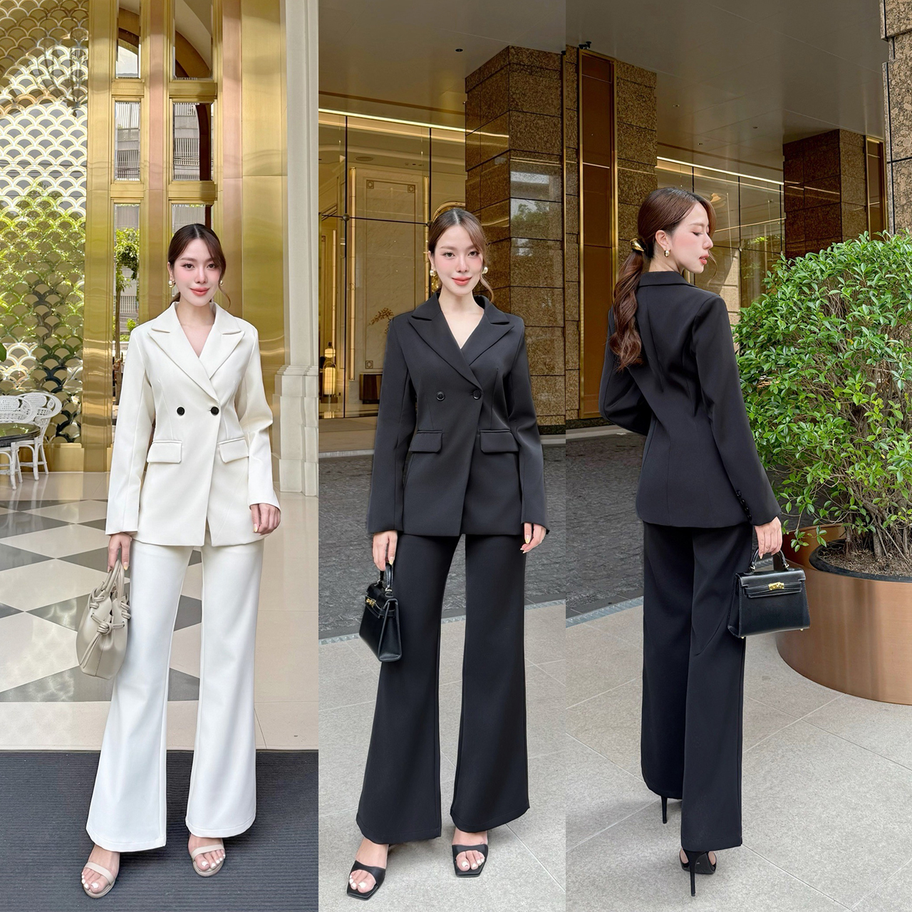 kudapypy ชุดเซ็ทเสื้อสูท ปกสูท มีรองบ่าๆเพื่อให้เป็นทรงสวย ออกแบบกระเป๋าให้สามารถใช้งานได้ มาพร้อมกับกางเกงใช้ผ้าเดียวกับเสื้อสูท