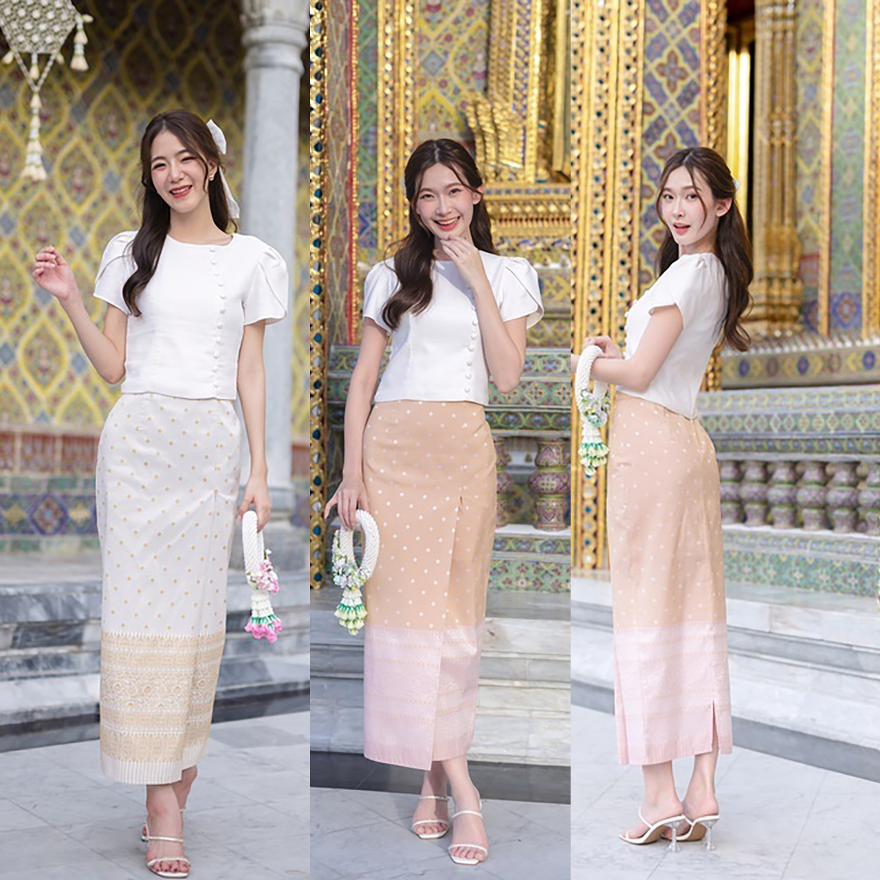 kudapy ชุดเซ็ทเสื้อสีขาว ชุดลิซ่าใส่+กระโปรงลายไทยสีชมพู/สีครีม