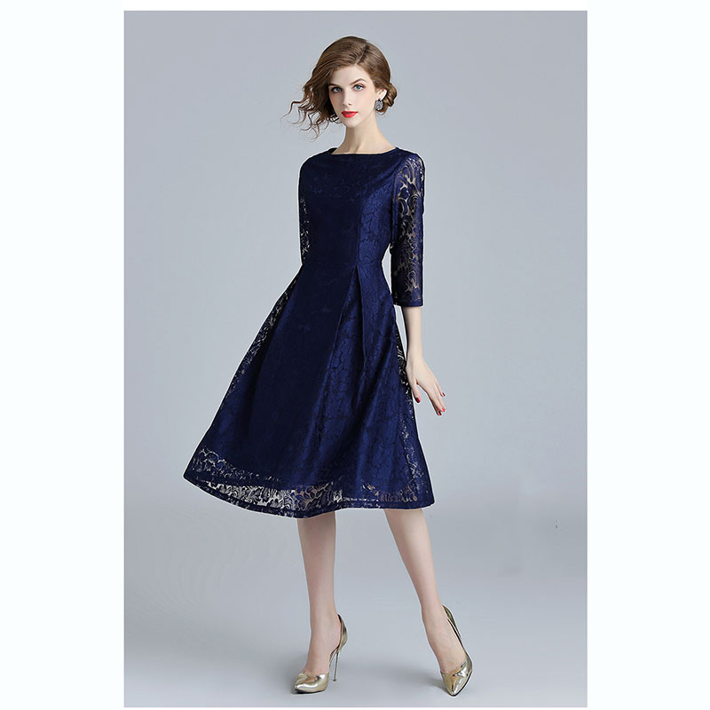 kudapy เดรสสั้นสีน้ำเงินเข้ม ผ้าลูกไม้ คอปาด แขนสามส่วน กระโปรงทรงเอบาน สวยดูดี