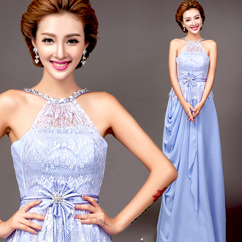 kudapy ชุดราตรียาวสีม่วง เกาะอก คล้องคอ กระโปรงจับจีบ สวยหวานด้วยลูกไม้ช่วงอก (ซิปหลัง)