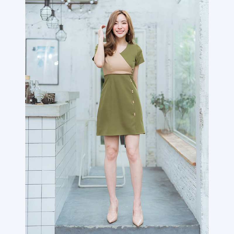 kudapy เดรสสั้นสีชมพู,เขียว,กรม ใส่ทำงานแต่งกระดุมคู่ทูโทนสวยน่ารัก
