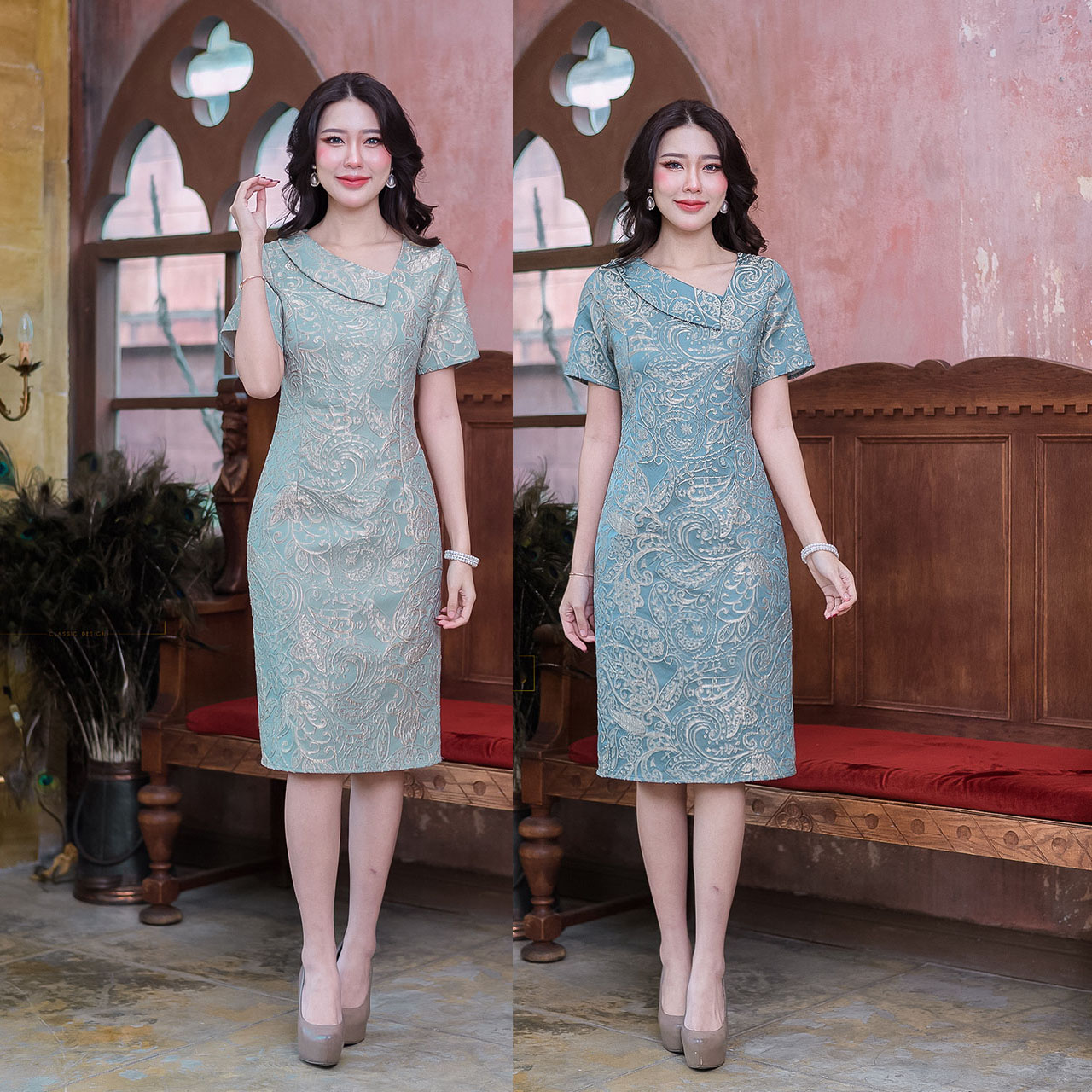 kudapy เดรสผ้า jacquard ทอลาย 3D เป็นลายนูนไหมสีทองอ่อน ผ้าลายสวยมากออกสไตล์ไทย