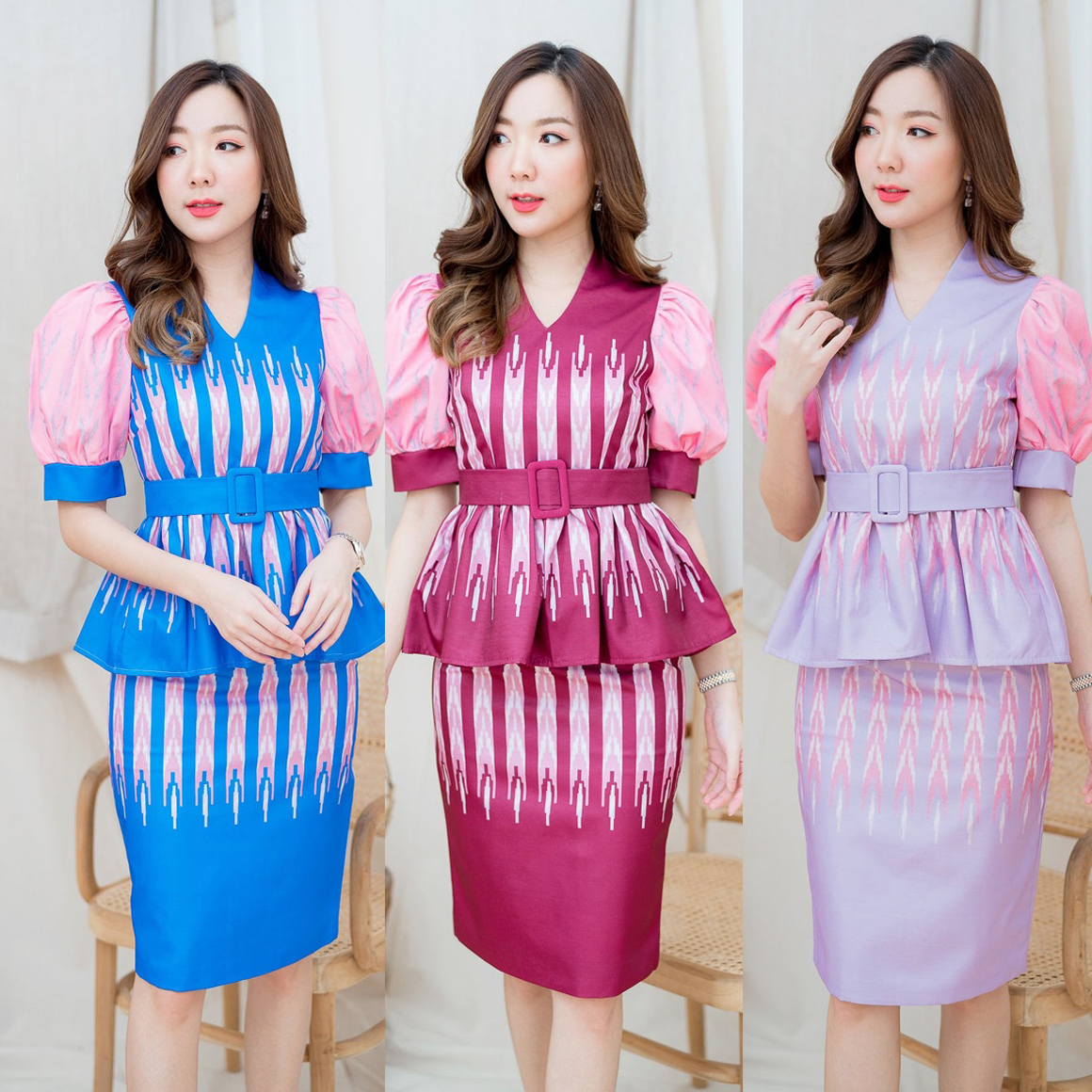 kudapy เดรสสั้นผ้าไทยใส่ไปงาน เดรสคอวีแขนสั้นตู้กตา เก็บเอวแต่งระบาย ผ้าพิมพ์ลายทางผ้าไทย