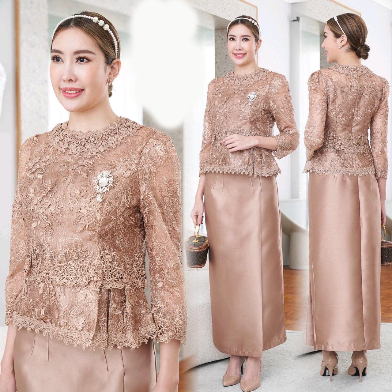 kudapy ชุดเซตไทยประยุกต์สีทองน้ำผึ้ง งานมีซับใน ซิบหลังอย่างดี ดีไซน์ แขนยาว คอกลม แต่งระบายเอวตามแบบ ขายดีสุดๆค่ะรุ่นนี้ รับประกันสวยมากค่ะ