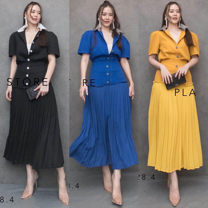 kudapy เซ็ทกระโปรงยาวสีน้ำเงิน/สีดำ/สีเหลือง เก๋ๆ คอมพลีทลุคน่าดู ตัวเสื้อแพทเทิร์นดี เป็นเชิ้ตแขนสั้นสลับสีกันกับเสื้อ แขนสั้นน่ารัก ช่วงล่างเป็นกระโปรงแยกทรงน่ารัก