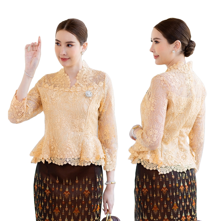 kudapy (เฉพาะเสื้อ) เสื้อลูกไม้ฝรั่งเศษสีแดงเข้ม,สีทอง,สีดำ,สีชมพู คอวีแต่งหยักเพิ่มกริสเตอร์วิบวับ แขนยาว เก็บเอวอย่างดี แต่งชายเสื้อระบายชั้น มีซับใน ซิบหลังอย่างดีค่ะ