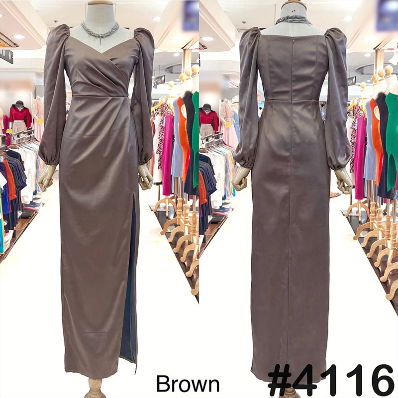 kudapy เดรสยาวสีโรสโกล/สีชมพู/สีน้ำตาล/สีเขียว แขนยาว จับจีบอกทิวลิป จีบเอวพรางหน้าท้อง บ่าและปลายแขนสม็อคยืดได้ แขนจั้มได