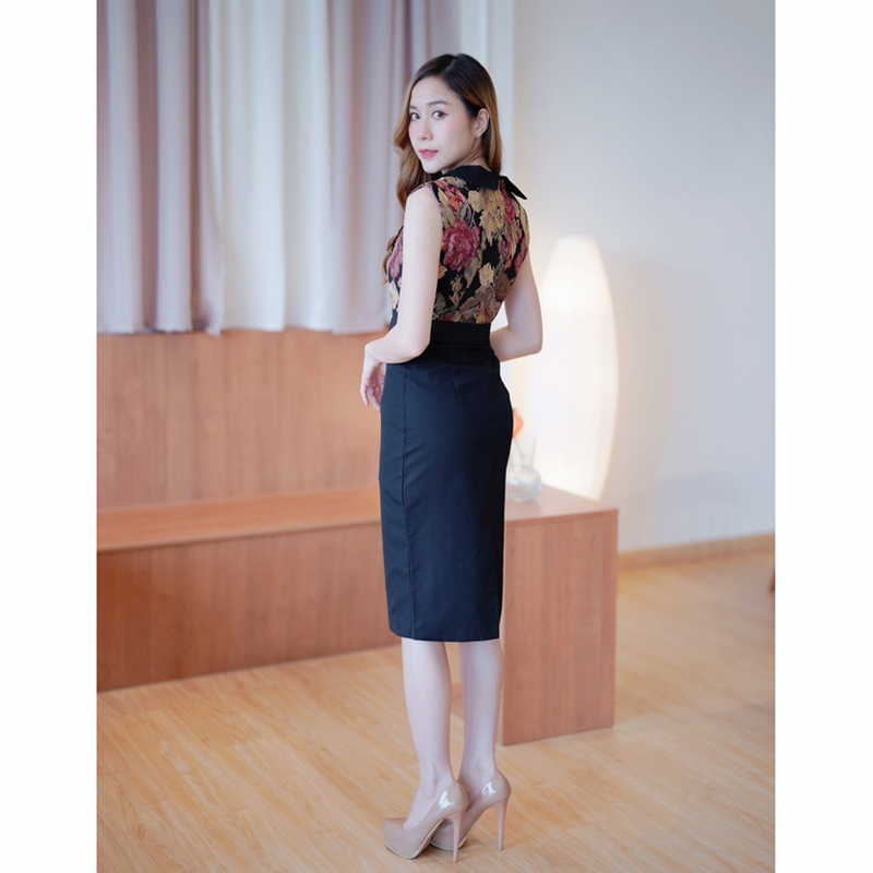 kudapy เดรสสั้นสีน้ำตาล/สีดำ ปกสูทคาดเข็มขัดสวยดูดี