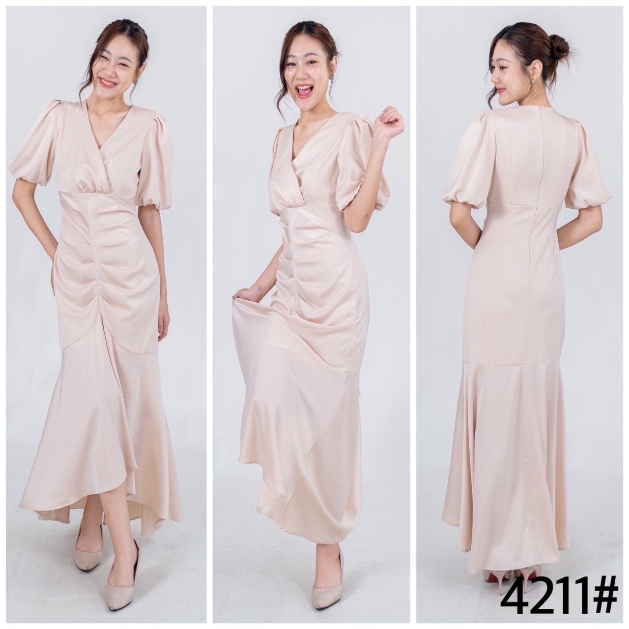 kudapy เดรสยาวทรงคอวี แขนพอง เอวสูง เข้ารูป จับเดรปย่นพรางหน้าท้อง ปลายหางปลาระบาย เนื้อผ้า เกรซซาติน