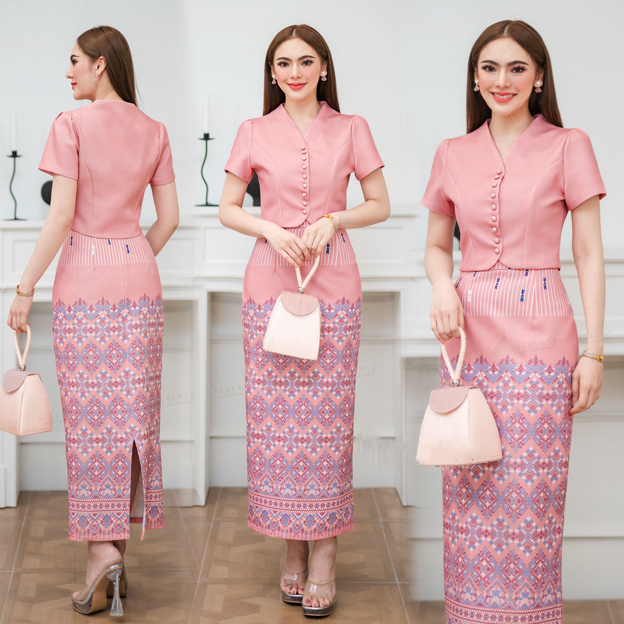 kudapy Set 2 ชิ้น (เสื้อ+กระโปรงยาว)งานผ้าโพลีเอสเตอร์งานพิมพ์ลาย เนื้อผ้าอัดกาว ตัวเสื้อคอวี แต่งกระดุมหลอก ตัวกระโปรงผ่าหลังเล็กน้อย