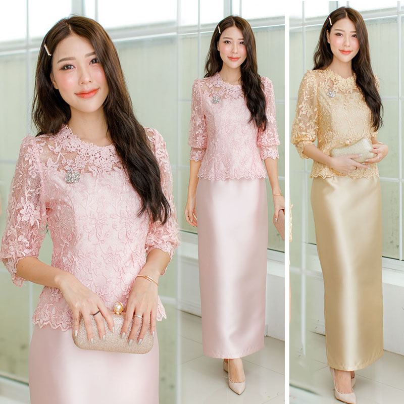 kudapy Set เสื้อ +ผ้าถุง สีทอง/สีชมพู งานเกรดพรีเมี่ยม ระดับห้องเสื้อ ลูกไม้ถักทออย่างดี ใส่แล้วดูหรูไม่ว่าจะงานกลางวันกลางคืน
