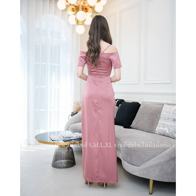 kudapy เดรสยาวสีชมพู/สีโอวัลตีน ปาดไหล่มีแขน จับจีบผ่าข้าง ผ้าเครปซาตินเนื้อดีมีซับใน เดรสออกงาน