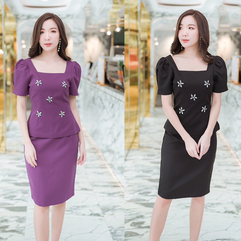 kudapy เดรสสั้นสีดำ/สีม่วง คอเหลี่ยใแขนตุ๊กตาใส่สบายสวยดูดีน่ารักมากๆ