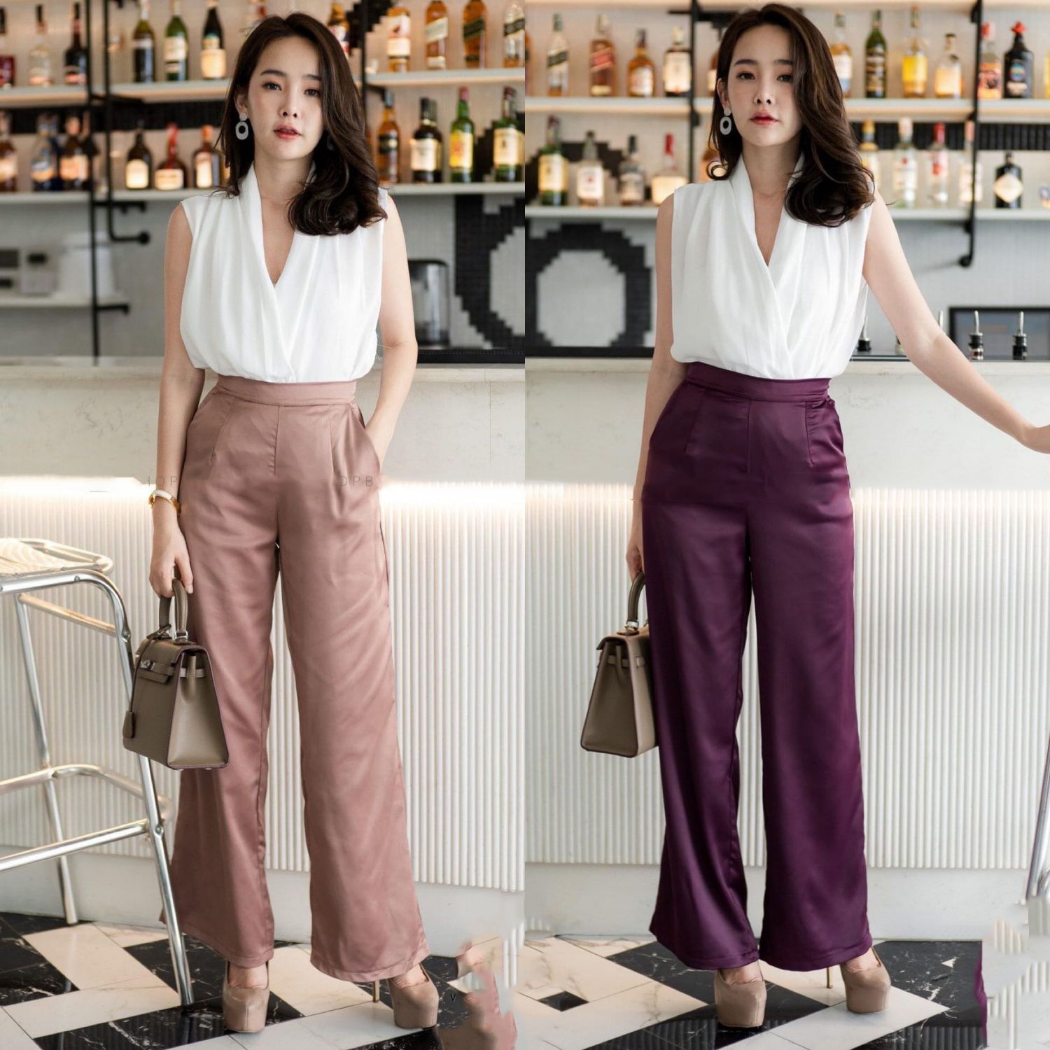 kudapy เซตเสื้อ+กางเกงใส่ออกงาน สีม่วงแดง และสีน้ำตาล เสื้อคอวีไขว้อก จับจีบสวยมากค่ะ กางเกงขากระบอกงานซานตินผ้าทิ้งตัวทรงสวยค่ะ