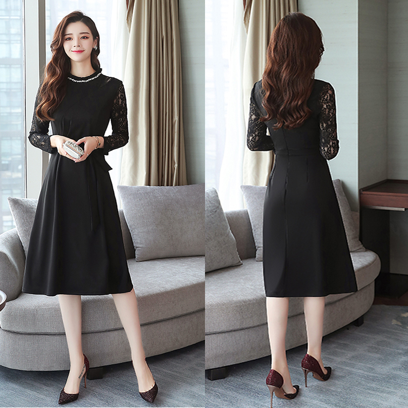 kudapy เดรสสั้นคอปีนแขนยาวสีแดงเลือดหมู/สีดำ มีโบว์ผูกที่เอวตามแบบ เดรสผ้าลูกไม้เนื้อนิ่มใสสบาย