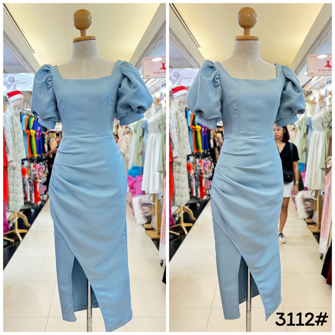 kudapy เดรสขอเหลี่ยม แขนพอง ตุ๊กตา จับจีบเอว-สะโพก กระโปรงทรงสอบ เก็บทรง ดีเทลกระโปรงป้ายผ่าข้าง