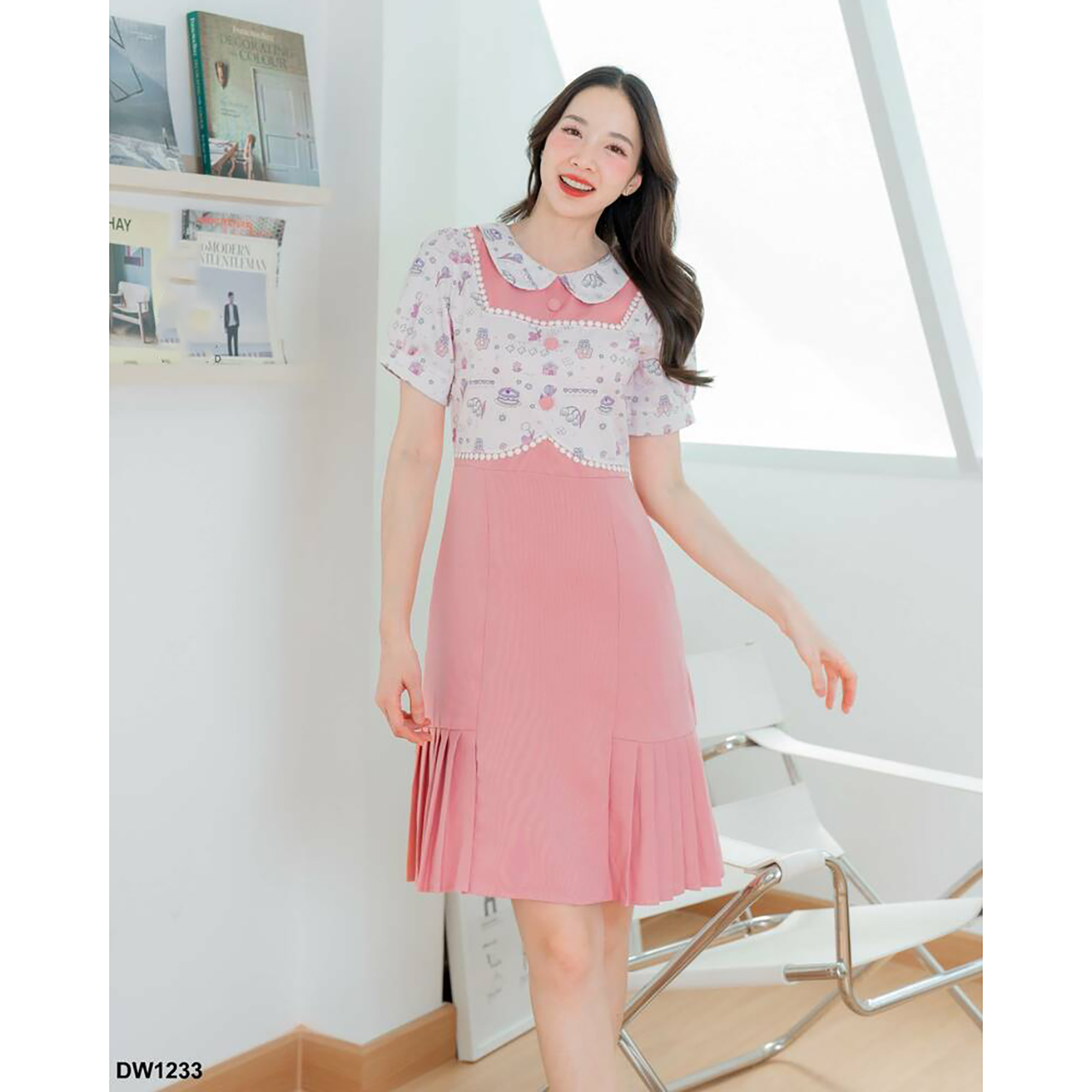 kudapy เดรสสั้นสีม่วง/สีฟ้า/สีชมพู ผ้าพื้นคอบัวกั๊กลาย ใส่ทำงาน ใส่เที่ยวสวยดูดี