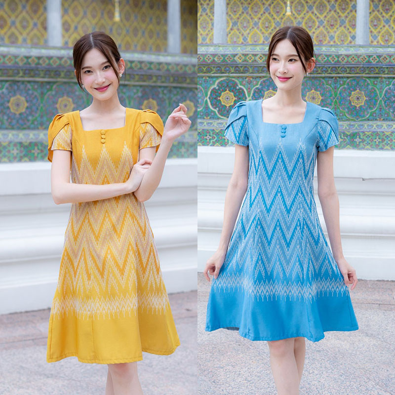 kudapy เดรสสั้นสีฟ้า/สีเหลือง ผ้าทอแขนกลีบบัว ผ้าลายไหย ใส่ทำงานสวยดูดี
