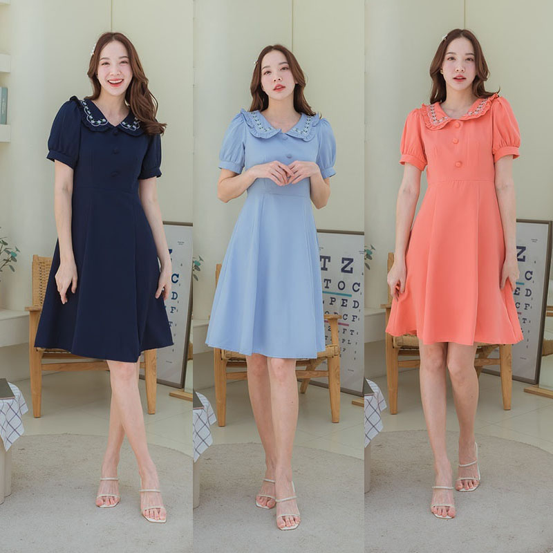 kudapy เดรสสั้นสีฟ้า/สีส้ม/สีกรม ปกคอปักทรงบาน