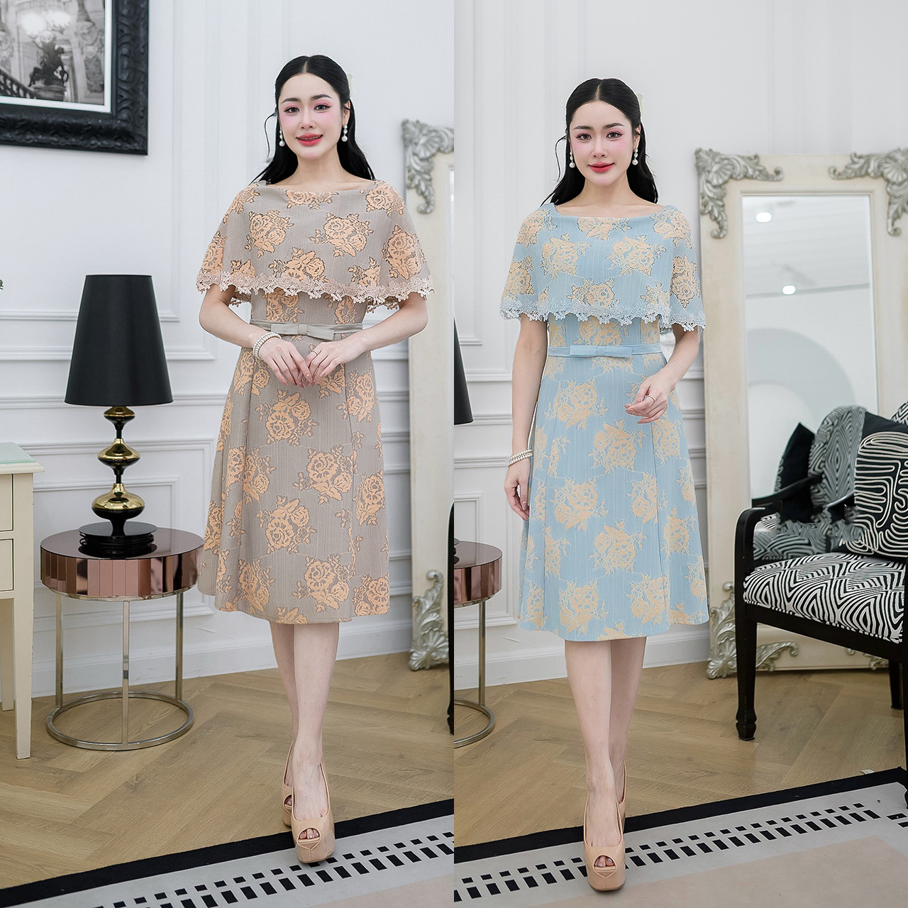 kudapy เดรสลูกไม้ผ้านิ่่มใส่สบาย แต่งเอวโบว์กระโปรงทรงเอสวย มีซับในทั้งชุด