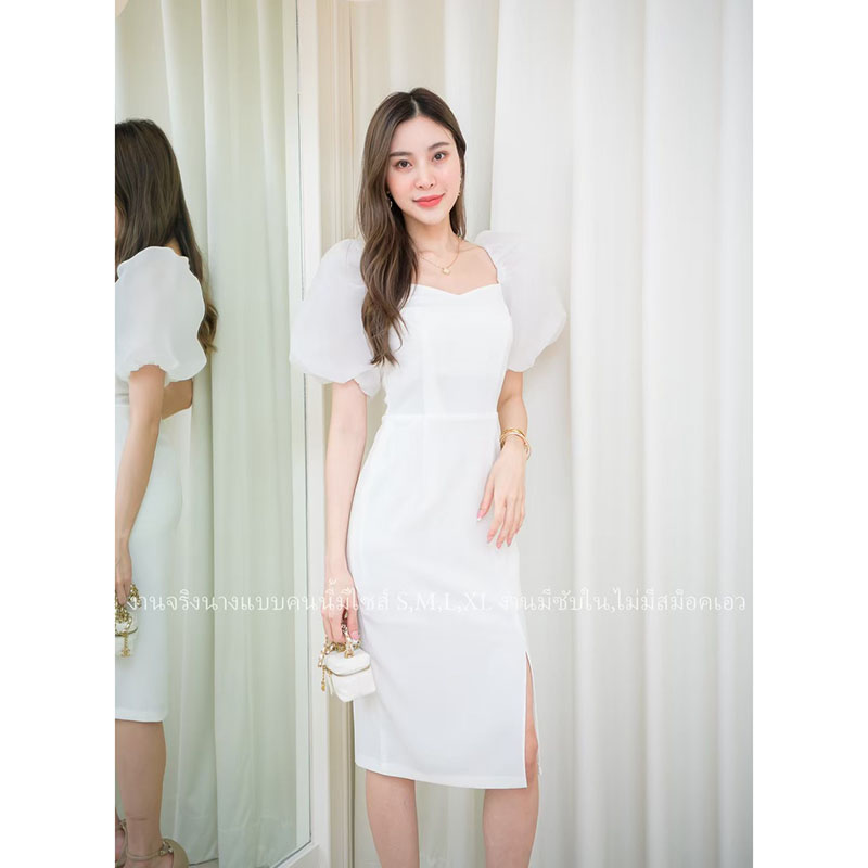 kudapy เดรสสั้นสีมิ้น/สีขาว/สีชมพู ทรงเอแต่งแขนพองตุ๊กตา งานน่ารักๆ เรียบหรู ใส่ออกงาน ใส่ทำงาน รุ่นนี้ตอบโจทย์สุดๆ