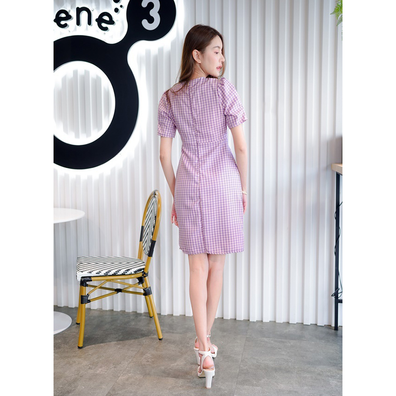 kudapy เดรสสั้นสีม่วง/สีกรม/สีชมพู คอปกสูทลายสก็อต