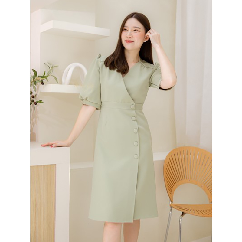 kudapy เดรสสั้นสีชมพูอ่อน,สีเหลือง,สีเขียว,สีดำ,สีชมพูนู้ด,สีแดงไวน์ ผ้านาโนเนื้อดี คอวีแขนตุ๊กตา