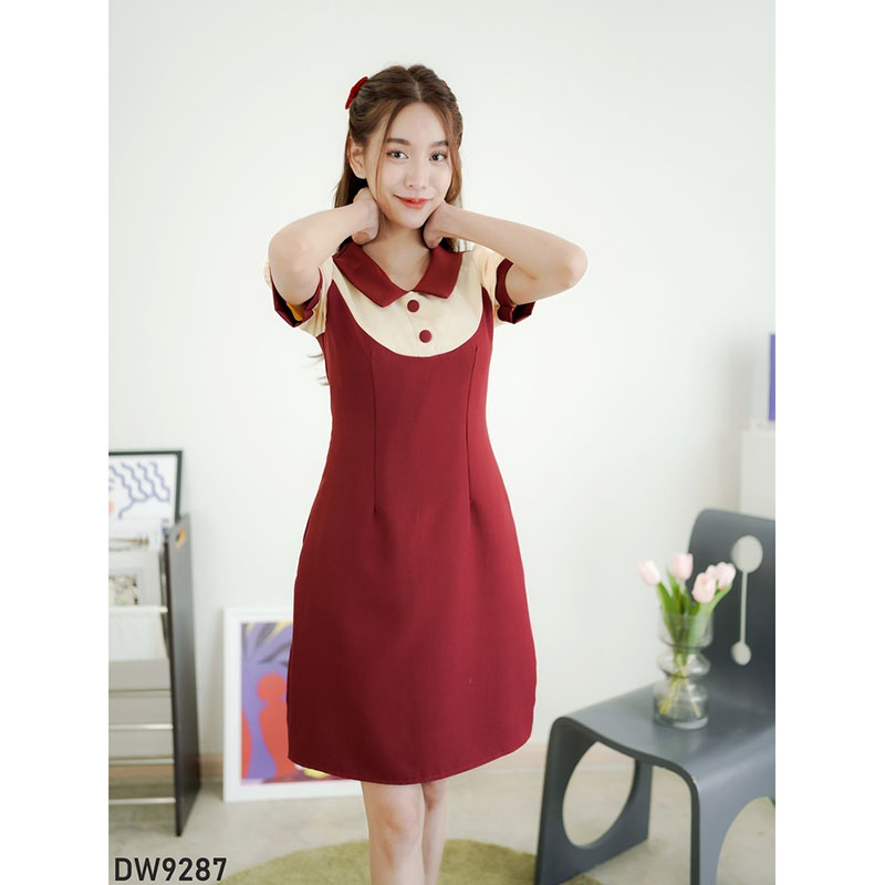 kudapy เดรสสั้นสีส้ม/สีดำ/สีแดง ทูโทนแขนจั๊ม สวยดูดี ใส่ทำงาน ออกงาน