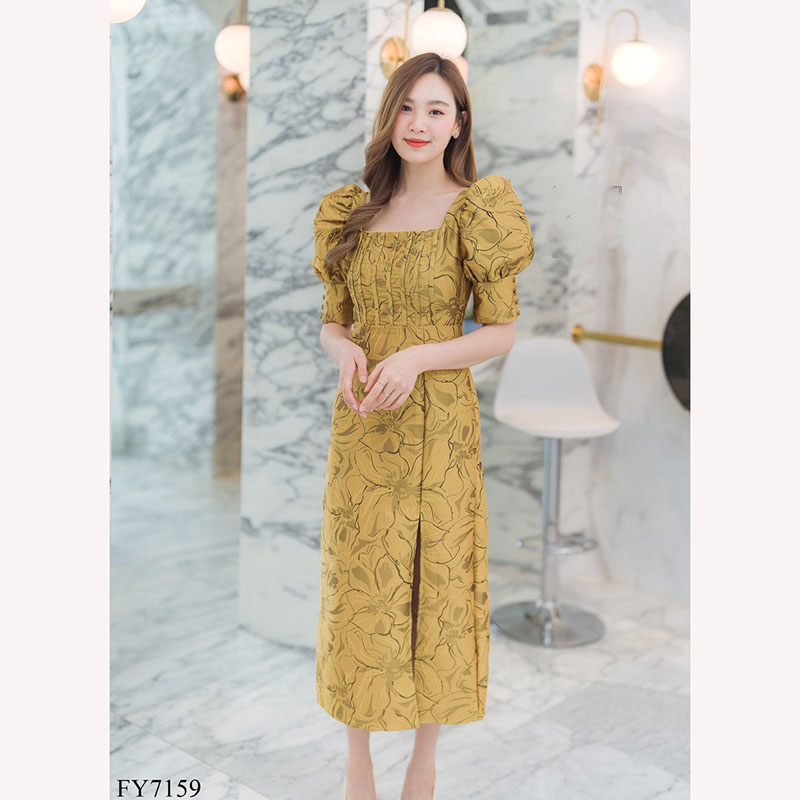 kudapy เดรสยาวสีชมพู/สีแดง/สีเหลือง ผ่าหน้าแขนตุ๊กตา สวยดูดีใส่สบาย