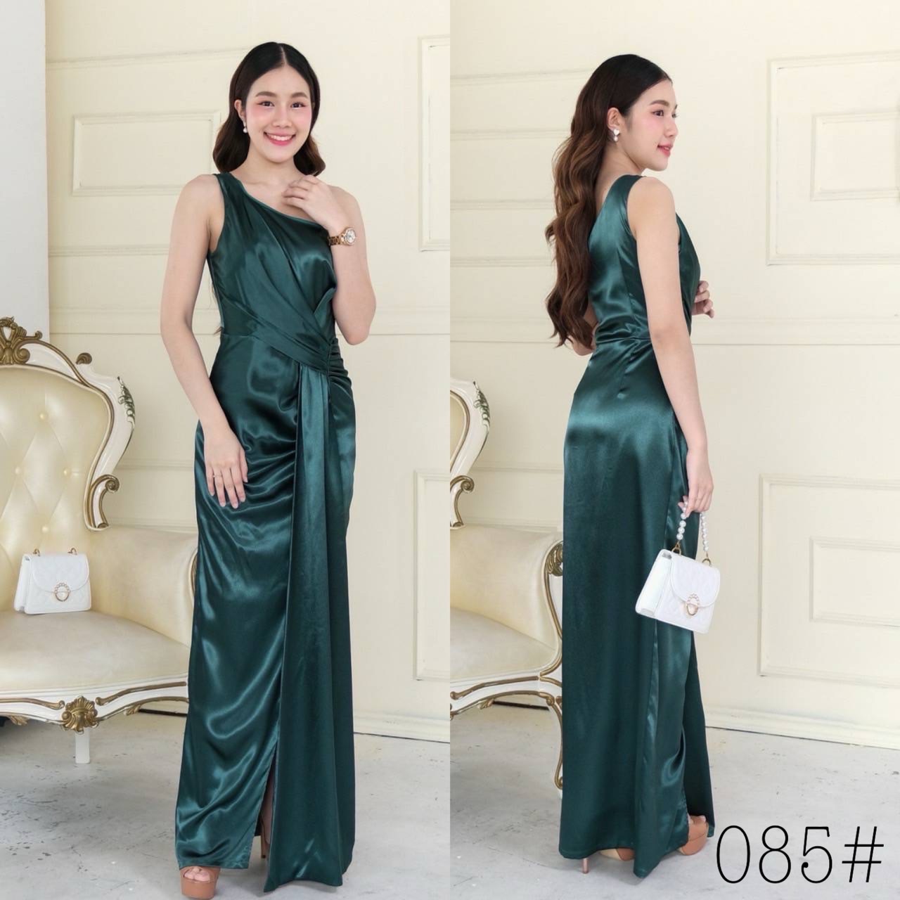 kudapy เดรสยาวบ่าเดี่ยว จับเดรปจีบช่วงเอวจัดเดรปผ้าช่วงเอวทิ้งตัวสวย sexy เรียบหรู เนื้อผ้าดัชเชสซาติน